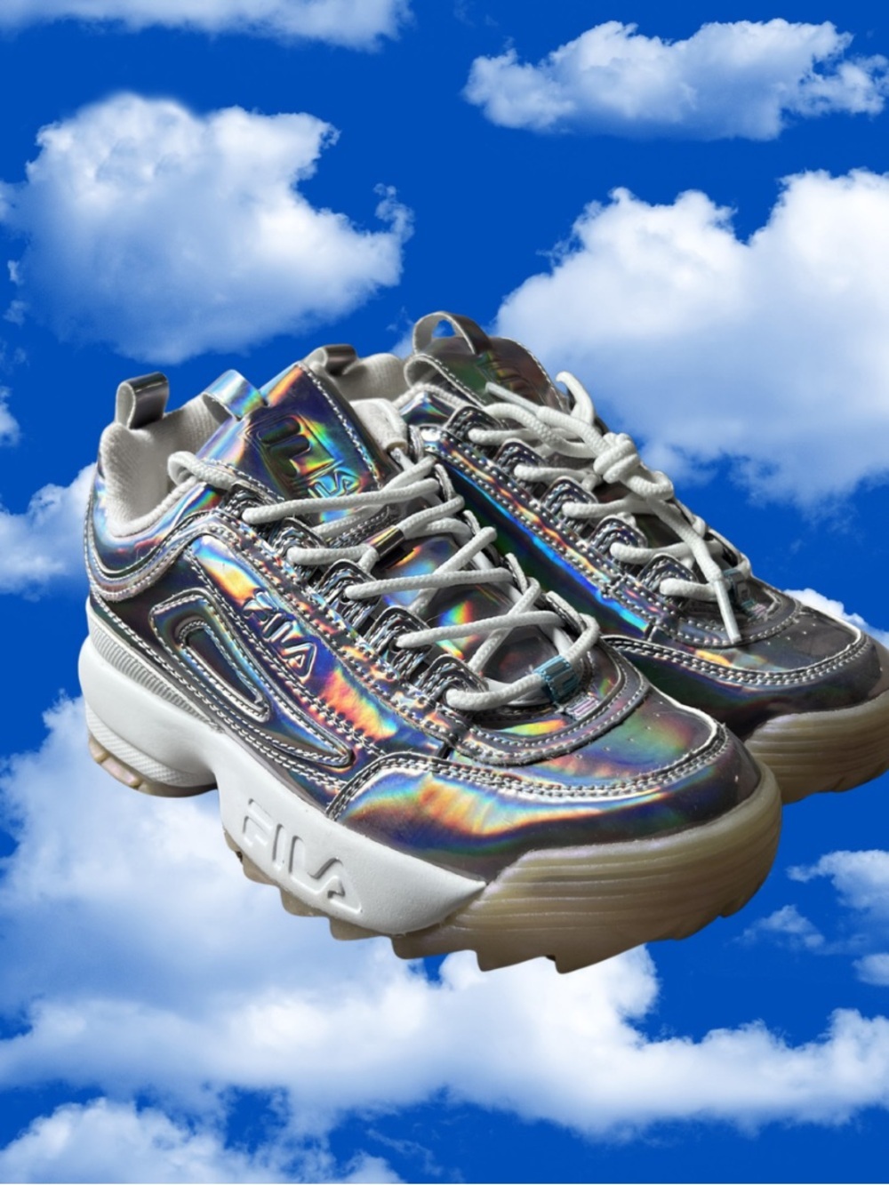Fila Disruptors 2 Holographic Iridescent Chunky Sneakers - Silver/White NWOT